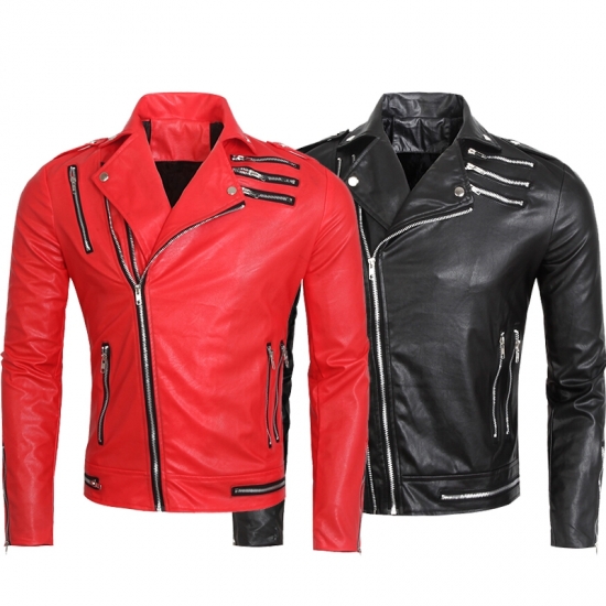 MEN BIKER SIDE ZIPPER LEATHER JACKET